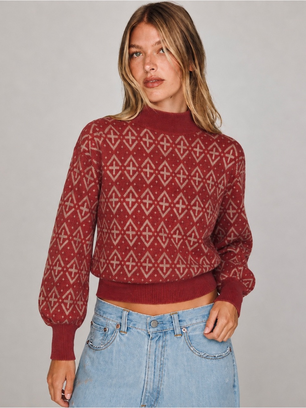VTG 60s Kitten Brand Geometric Knit Sweater Mock Neck Red Cream MINT